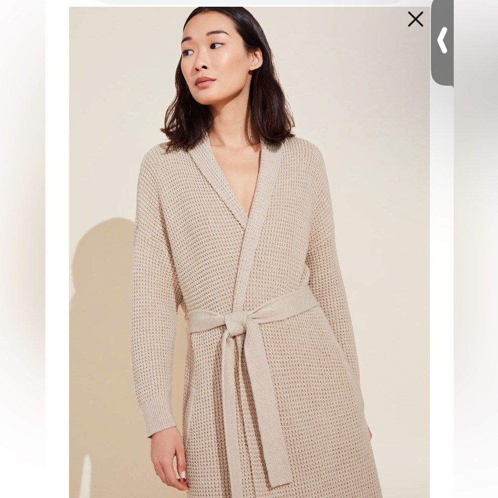 Eberjey Crochet Waffle Knit Elegant Cream Knit Sweater Robe Duster